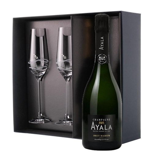 Ayala Brut Majeur Champagne NV 75 cl And Flutes In Pine Wooden Gift Box